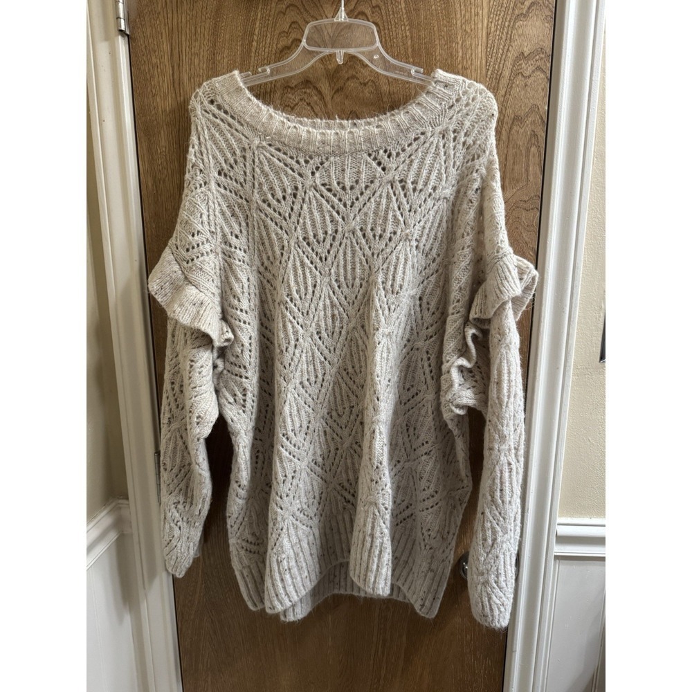 Old Navy Long Sleeve Beige Multi-Heathered Crochet Sweater Ruffle Sleeve 3X